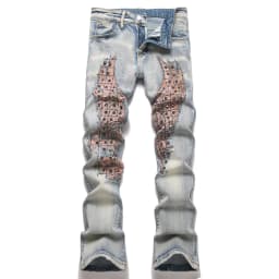 Men's Wing Patch Boot Cut Jeans Rivet Crystal Slim Flared Pants Embroidery Vintage Blue Denim Trousers
