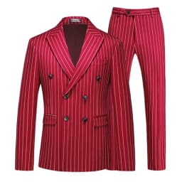 Fashion Men Double Breasted Striped Suit 2 Piece Black / Wine Red Homme Business Social Wedding Party Blazers and Trousers