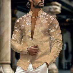 Men's shirt printed stand collar outdoor street long sleeve printed clothing clothing Fashion designer casual comfortable top