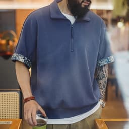 Maden Vintage Half-Zip Boro Style Short Sleeve Polo Shirt Men's Summer Indigo Dyed Printed Loose Collar T-Shirt Casual Gray Tops