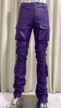 Spring Fitted Stretchy Soft Purple Stacked Pu Leather Cargo Pants Men Many Three-dimensional Pockets European Fashion Clothes
