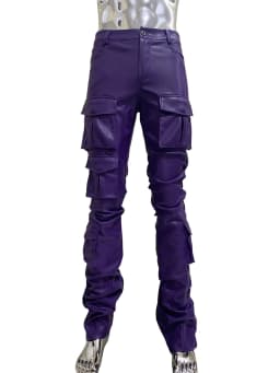 Spring Fitted Stretchy Soft Purple Stacked Pu Leather Cargo Pants Men Many Three-dimensional Pockets European Fashion Clothes