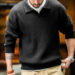 Maden Retro Polo Neck Knit Vertical Woven Polo Shirt Lazy Pullover Sweater Men's Autumn and Winter Lapel Soft Warm