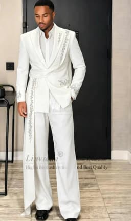 Glitter Crystals Beaded Men Suits 2 Pieces Sets Wedding Groom Male Blazer Customized Party Tuxedos Fashion Belt Man Ropa Hombre