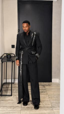 Glitter Crystals Beaded Men Suits 2 Pieces Sets Wedding Groom Male Blazer Customized Party Tuxedos Fashion Belt Man Ropa Hombre