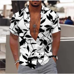 Men's shirt summer beach shirt black and white short sleeve polka dot lapel vacation clothing fashionable casual comfortable 5XL