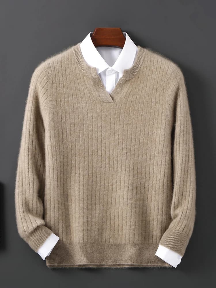 Men Leisure 100% Merino Wool Sweater Seagull Collar Vertical Stripe Pullover Autumn Winter Cashmere Knitwear Casual Soft Top
