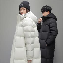 FGKKS 2025 Couple Winter Down Jacket Fashion Classic Slim Korean Style White Duck Down Men's Long Coat Women Hooded Outwear