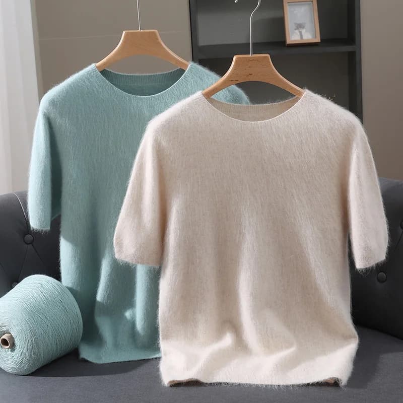 Men's 100% Mink Cashmere Round Neck Knitted Short Sleeved Loose Solid Color Half Sleeved Simple T-Shirt Casual Business Clothing