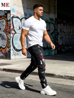HME Men's Black Gray Denim Pants, Plaid Patch Paint Splatter Slim Skinny Jeans for Streetwear