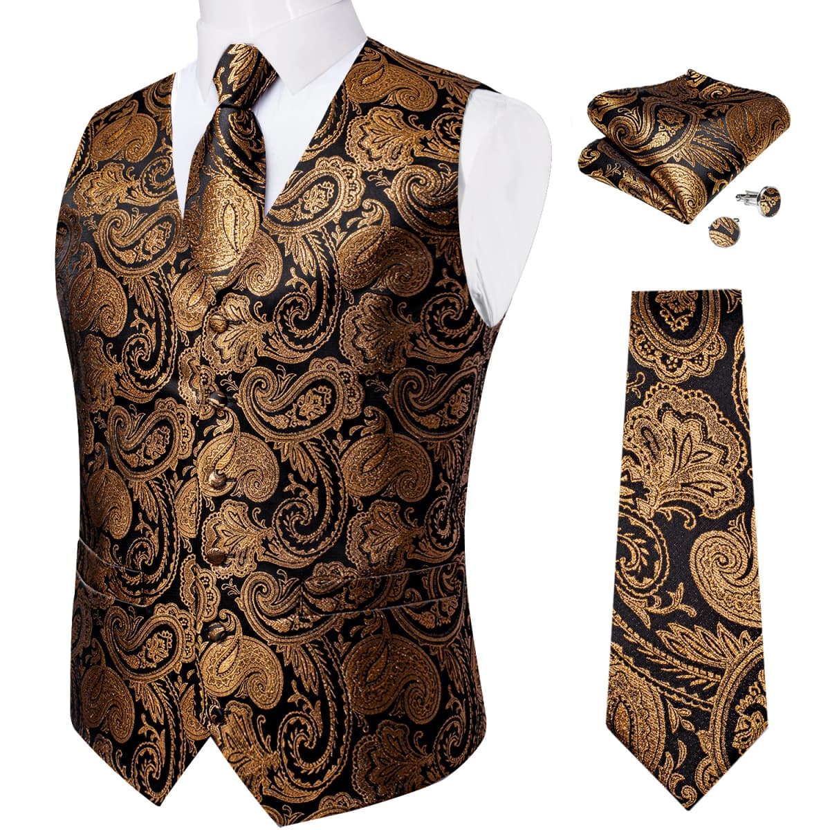 Luxury Brown Paisley Suit Vest Set for Men Neck Tie Pocket Square Cufflinks Wedding Party Tuxedo Male Blazer Waistcoat