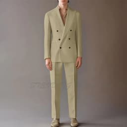 High End Suit For Men Cream Double Breasted Tuxedo Wedding Party Prom Beach Casual Business Suit Two Piece Jacket Pant