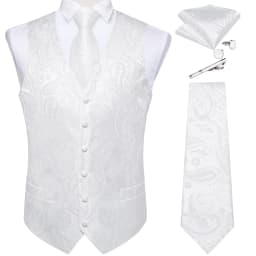 Pure White Wedding Vest for Man Sleeveless V-neck Satin Luxury Men Waistcoat Necktie Pocket Square Cufflinks Clip 5 PCS Set Gift