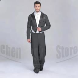Elegant Black Solid Men Suits 2 Piece Fashion Satin Peak Lapel Standard Dance Tailcoat Party Prom Male Suits Slim (Jacket+Pants)