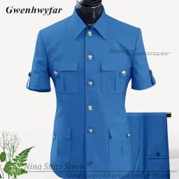 G&N Custom Made Africa Style Men Suits Sky Blue 2026 Short Sleeve Blazer Regular Pants for Business Men Formal Meeting Wear