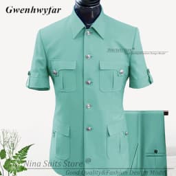G&N Custom Made Africa Style Men Suits Sky Blue 2026 Short Sleeve Blazer Regular Pants for Business Men Formal Meeting Wear