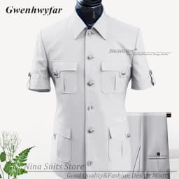 G&N Custom Made Africa Style Men Suits Sky Blue 2026 Short Sleeve Blazer Regular Pants for Business Men Formal Meeting Wear