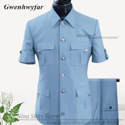 G&N Custom Made Africa Style Men Suits Sky Blue 2026 Short Sleeve Blazer Regular Pants for Business Men Formal Meeting Wear