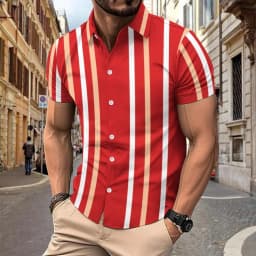 Hawaii Summer Men's Striped Printed Short Sleeved Shirt Casual Men's Loose Comfortable Versatile Men's Short Sleeved Shirts
