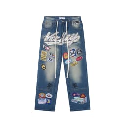 Shinning Diamond Letter Embroidery Badge Baggy Jeans for Men Vintage Straight Loose Casual Denim Trousers Oversized