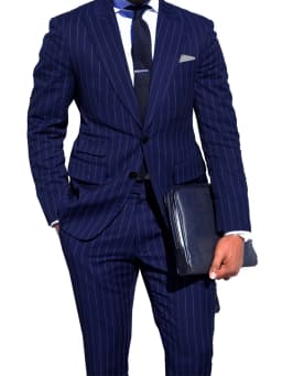 Mens Chalk Stripe Suit Custom Made Light Navy Blue Mens Striped Suit With Ticket Pocket,Tailored Single Breasted Suit Peak Lapel