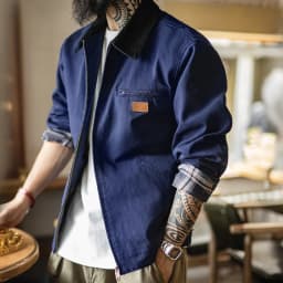 Maden Men's Retro J001 Detroit Jacket Lapel Collar Hunting Coat Heavyweight Canvas Work Jackets with Zipper for Spring Fall