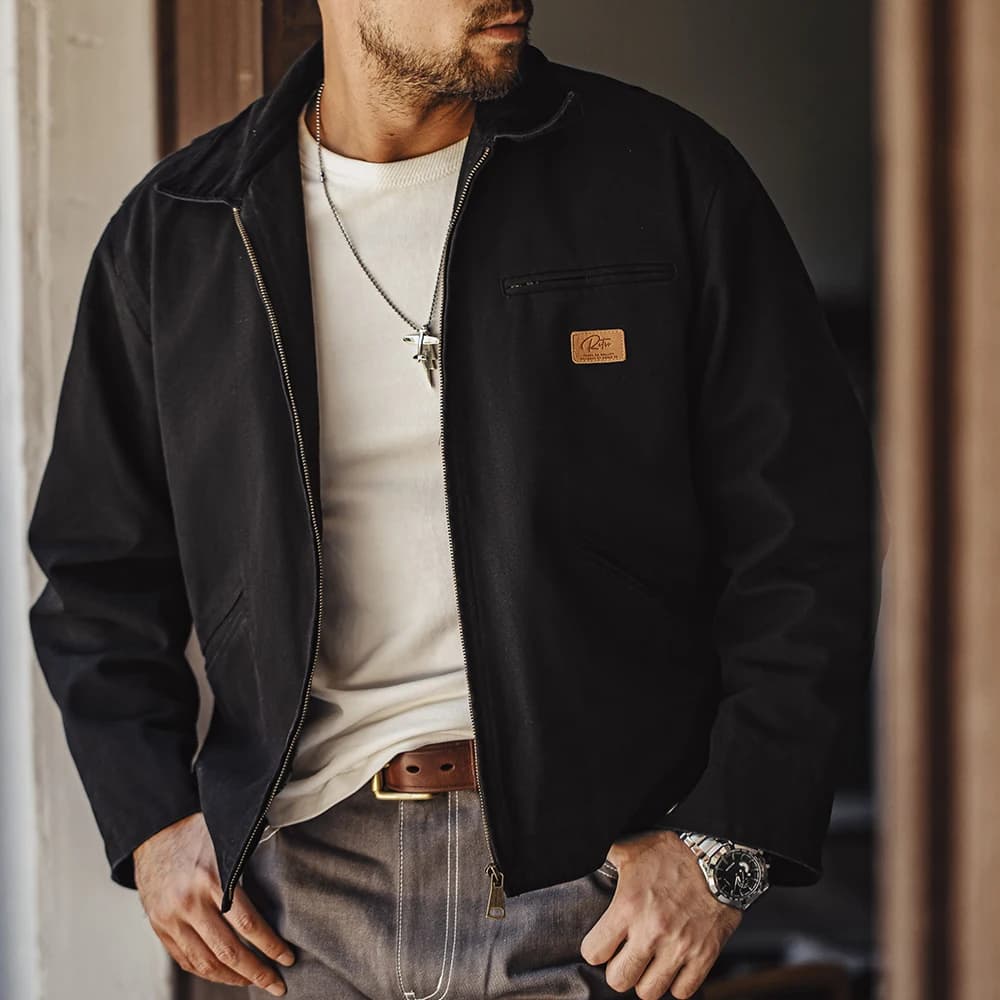 Maden Men's Retro J001 Detroit Jacket Lapel Collar Hunting Coat Heavyweight Canvas Work Jackets with Zipper for Spring Fall