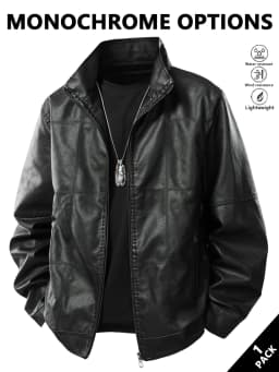 Men's Stand-Up Collar Leather Jacket, Simple and Versatile, Leather Material Gives a High-End Feel, Suitable for Office Commuting, Casual Gatherings with Friends, Autumn and Winter Styling, Street Wear, Leisure and Relaxation, Lightweight Outdoor Wear