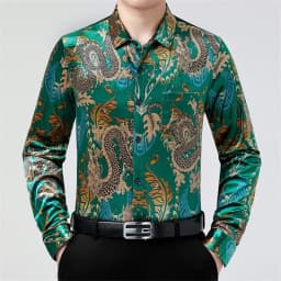 Creative Golden Yellow Dragon Shirts For Men Long Sleeved Casual Autumn High Quality Smooth Comfortable Velour Camisas De Hombre