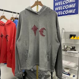Hip Hop Thug Club Hole Damaged Hoodie Embroidery Red Leather Moon Star Ptach Pattern Sweatshirts Men Women Wash Pullovers Hoody
