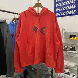 Hip Hop Thug Club Hole Damaged Hoodie Embroidery Red Leather Moon Star Ptach Pattern Sweatshirts Men Women Wash Pullovers Hoody