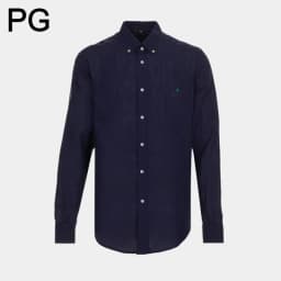 PG Men Linen Button Down Collar Shirt Long Sleeve Solid Color Mini Embroidery Logo Breathable Casual Business Daily Wear