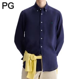 PG Men Linen Button Down Collar Shirt Long Sleeve Solid Color Mini Embroidery Logo Breathable Casual Business Daily Wear