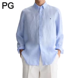 PG Men Linen Button Down Collar Shirt Long Sleeve Solid Color Mini Embroidery Logo Breathable Casual Business Daily Wear