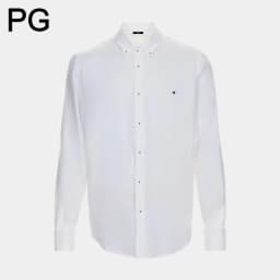 PG Men Linen Button Down Collar Shirt Long Sleeve Solid Color Mini Embroidery Logo Breathable Casual Business Daily Wear