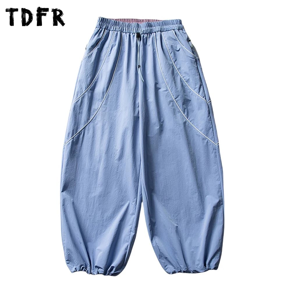 Embroidery Spliced Jogger Pants Mens Safari Style Elastic Waist Baggy Wide Leg Quick Dry Trousers Man