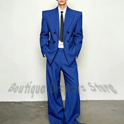 Fashion Striped Men's Suits Loose Casual High Street Style Double Breasted Chic Peak Lapel Blazer Pants Prom Suit Two Pieces
