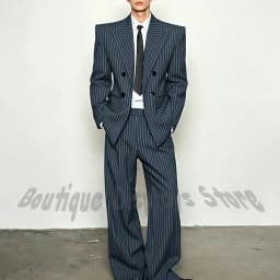 Fashion Striped Men's Suits Loose Casual High Street Style Double Breasted Chic Peak Lapel Blazer Pants Prom Suit Two Pieces