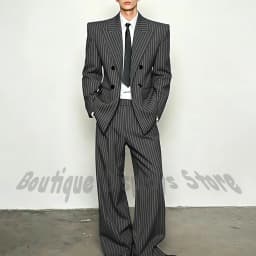Fashion Striped Men's Suits Loose Casual High Street Style Double Breasted Chic Peak Lapel Blazer Pants Prom Suit Two Pieces