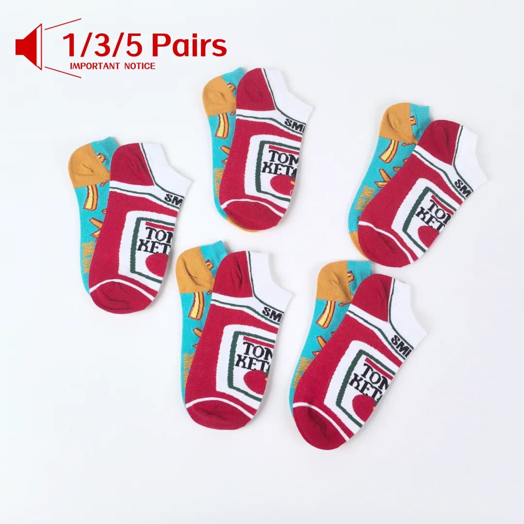 1 /3/5 Pairs Novelty Unisex French Fry & Ketchup Short Socks Suit In Spring Summer For Daily