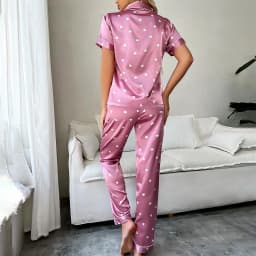 Women's Satin Short Sleeve Top And Long Pants Casual Comfort Pajama Loungewear With Heart Print Lounge Set Nightwear 2 Piece