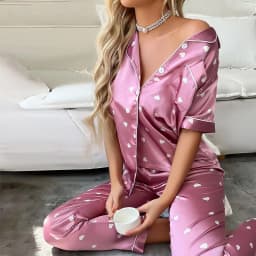 Women's Satin Short Sleeve Top And Long Pants Casual Comfort Pajama Loungewear With Heart Print Lounge Set Nightwear 2 Piece