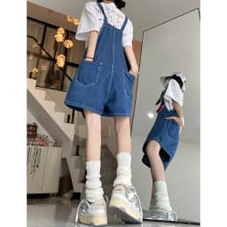 Women Streetwear Kawaii Denim Shorts Overalls Lady Fashion Embroidery Oversize Wide Leg Jeans Female Y2k Clothes Deep Blue Pants