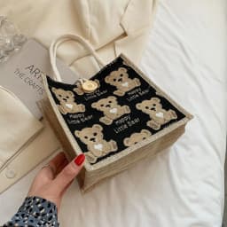 Linen Fabric Canvas Handbag Large-capacity Cartoon Bear Picnic Breakfast Bag With Button Reusable Lunch Bags Women