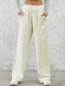 Solid Drawstring Wide Leg Pants, Casual Elastic Waist Slant Pocket Pants For Spring & Summer, Women's Clothing