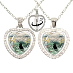 Lovely Little Cat Glass Cabochon 360 Degree Rotating Heart Shaped Pendant With Double-Sided Necklace For Girls' Birthday Gift Je