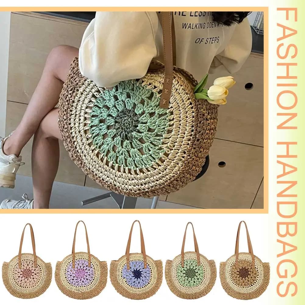 Round Summer Straw Bag with Zipper Closure Beach Shoulder Bag with Color Collision Large Woven Beach Bag Holiday Travel Handbag