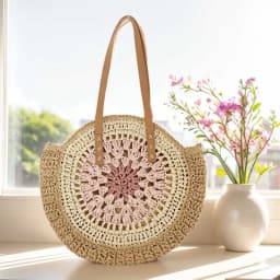Round Summer Straw Bag with Zipper Closure Beach Shoulder Bag with Color Collision Large Woven Beach Bag Holiday Travel Handbag