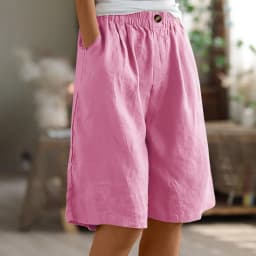 Female Fashion Solid Color Elastic High Waist Pocket Button Up Loose Cotton Linen Five Length Shorts Summer Soft Comfort Pants