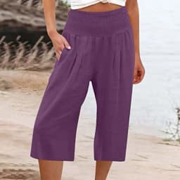 Summer 2024 Amazon Eurn Women's Cross-Border Cotton Hemp Seven Waist Pocket Wide Leg Pants Woman